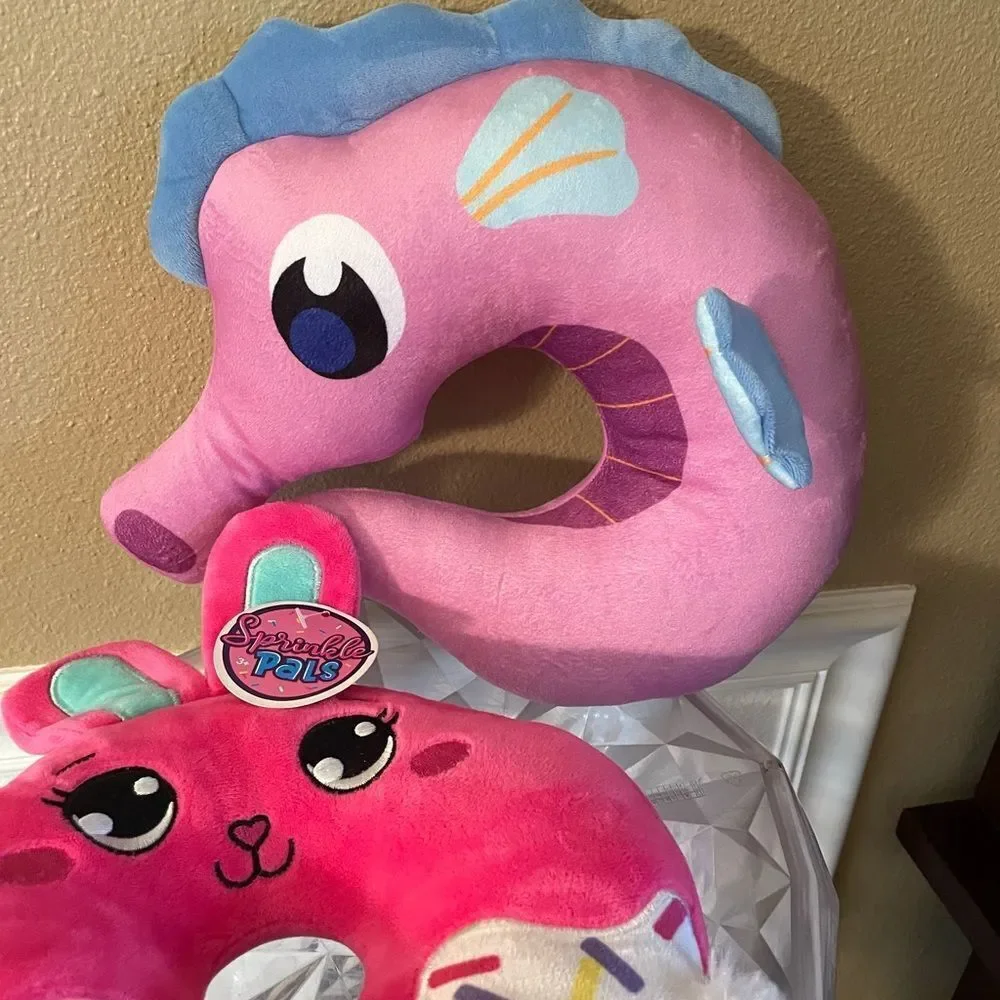 Pink and Blue Plush Seahorse and Donut Toy Set